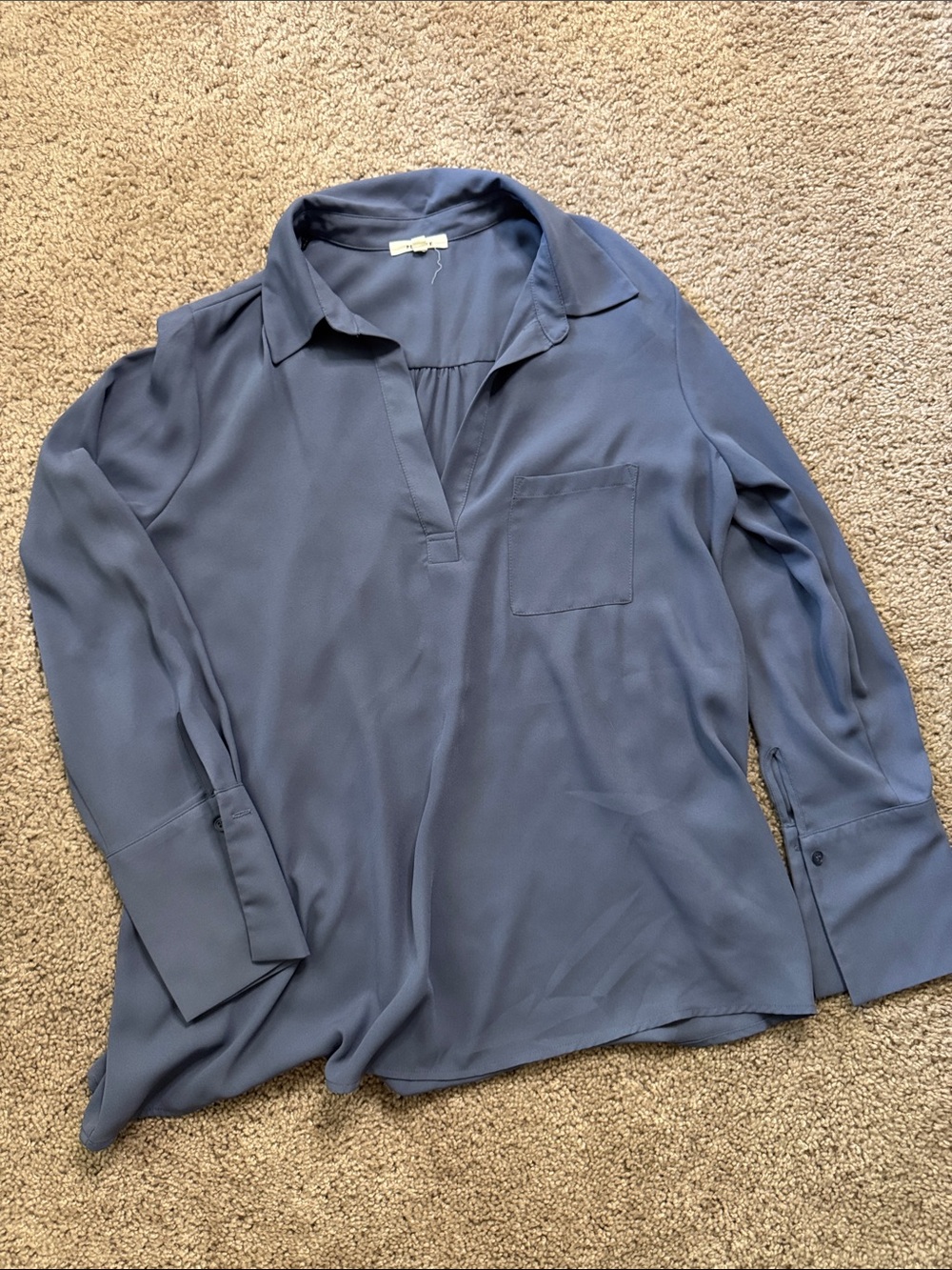 Pleione Slate Blue V-Neck Button Cuff Blouse